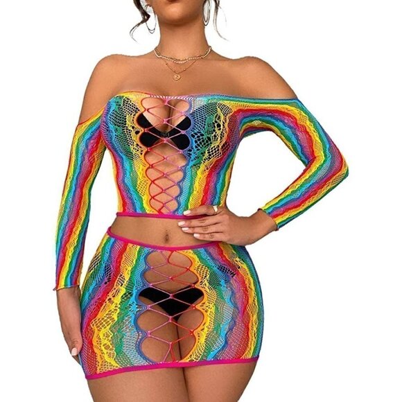 🌈 Rainbow Fishnet Stockings Mesh Lingerie Bodysuit Party Rave Boho Cosplay NWT - Picture 5 of 6